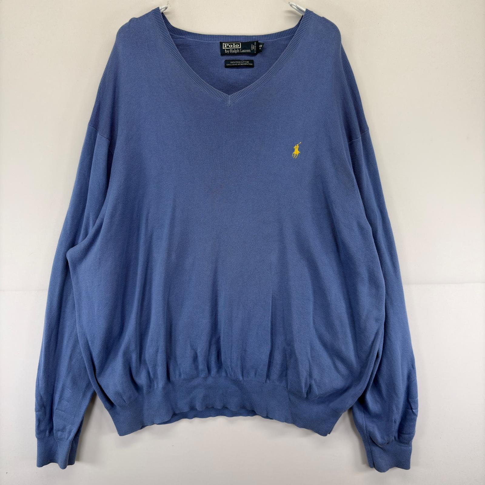 古着 ポロバイラルフローレン Polo by Ralph Lauren セーター ロゴ 大きいサイズ 刺繍 コットン Vネック 4XB BIG  水色系 メンズ