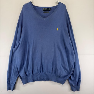 古着 ポロバイラルフローレン Polo by Ralph Lauren セーター ロゴ 大きいサイズ 刺繍 コットン Vネック 4XB BIG 水色系 メンズ