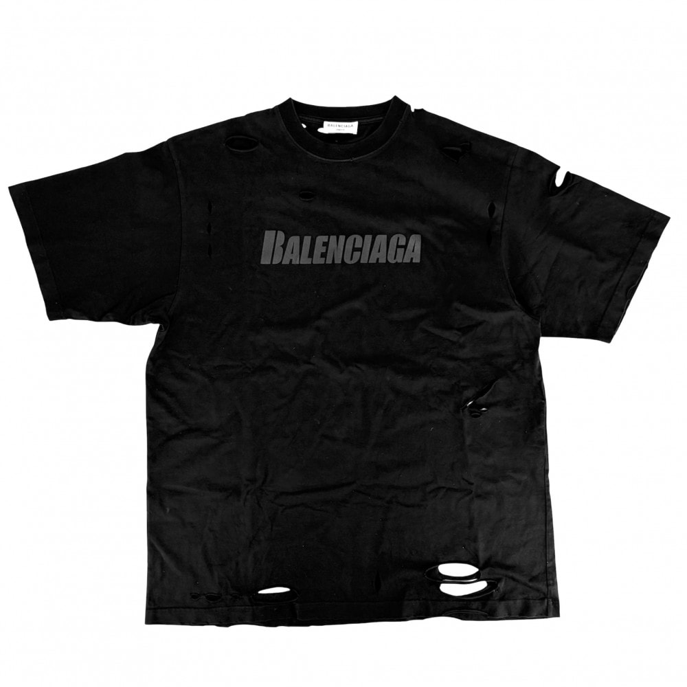 BALENCIAGA バレンシアガ 半袖Tシャツ デストロイ加工 クルーネック トップス オーバーサイズ ロゴ アパレル 服 S 651795 ブラック 黒 コットン メンズ【中古品】