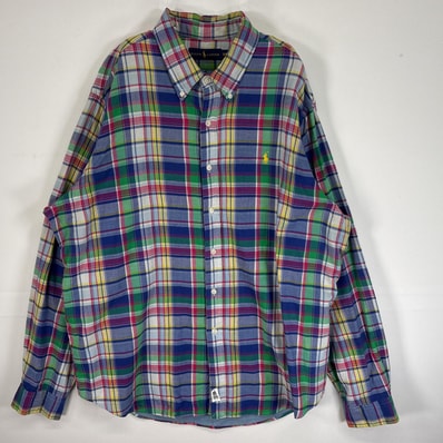 古着 ラルフローレン RALPH LAUREN 長袖シャツ ロゴ 刺繍 裏地付き チェック柄 14041 ブルー系 マルチカラー メンズ