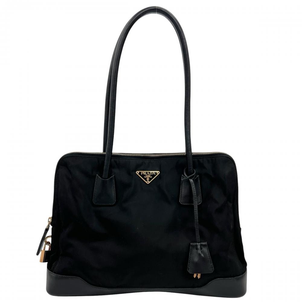 PRADA プラダ ハンドバッグ テスート トライアングルロゴ 肩掛け BR0098 ナイロン  レザー   ブラック 黒 ゴールド金具 レディース【中古品】
