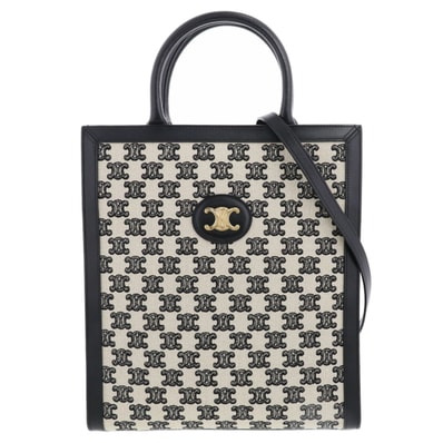 CELINE セリーヌ トリオンフ スモール バーティカル カバ トートバッグ 194352CS8 キャンバス レザー ブラック ベージュ レディース【中古】
