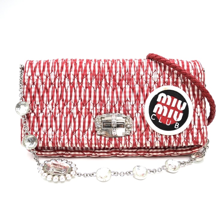 MIU MIU(ミュウミュウ)miumiu CLUB マテラッセ 3WAYバッグ ショルダーバッグ クラッチバッグ チェック柄 レッド ホワイト ビジュー チェーン レザー レディース【中古】