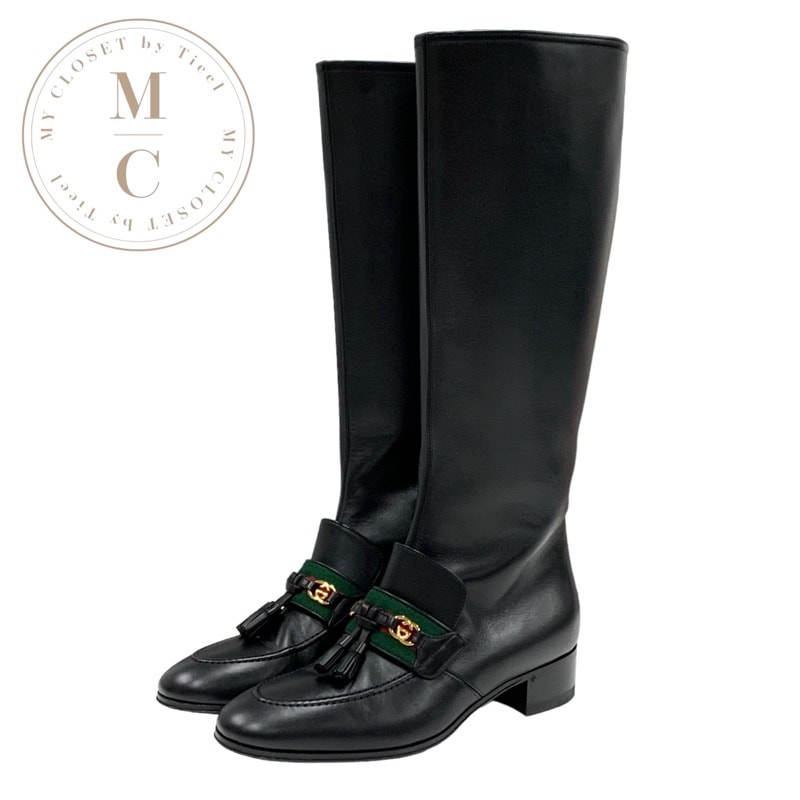 グッチ GUCCI ブーツ ロングブーツ 靴 シューズ レザー ブラック 黒 ゴールド タッセル シェリーライン