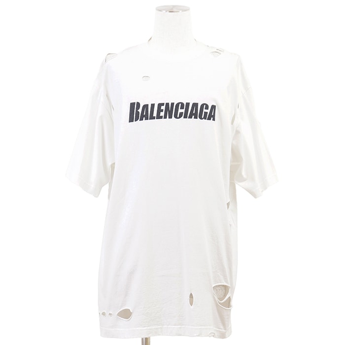 【美品】BALENCIAGA バレンシアガ UNIFIT Tシャツ サイズ XXS ユニセックス 2021年モデル デストロイ ダメージ加工 ロゴ クラックプリント オーバーサイズ プルオーバー ショートスリーブ 半袖 トップス ホワイト 白 ポルトガル製