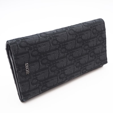 美品 Dior ディオール ディオール オブリーク ジャカード バーティカル ロングウォレット 2OBBC002YSE 長財布 ブラック キャンバス カーフレザー メンズ