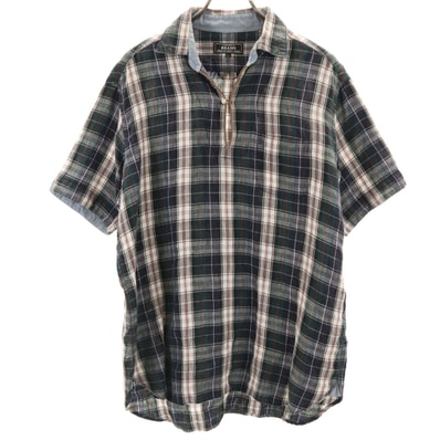 BEAMS ビームス リネン チェック柄 半袖 シャツ L ネイビー系