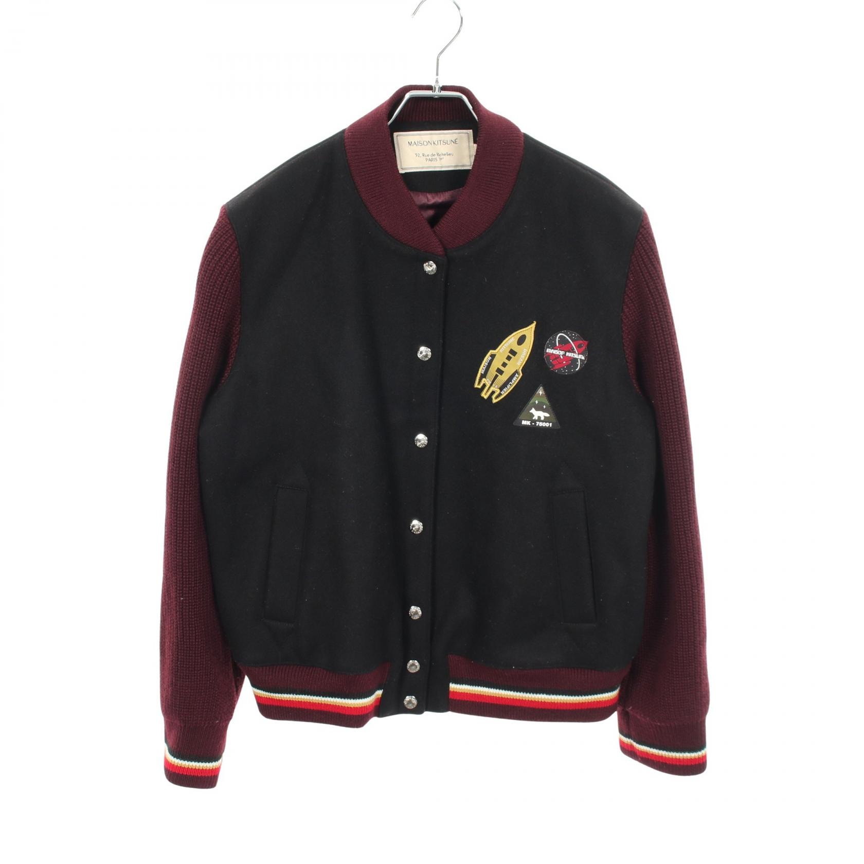 メゾンキツネ MAISON KITSUNE ロゴワッペン ニット切替 スタジャン 衣料品 アウター ウール レディース ブラック系 / ボルドー系 BW02205BMT1008 【中古】