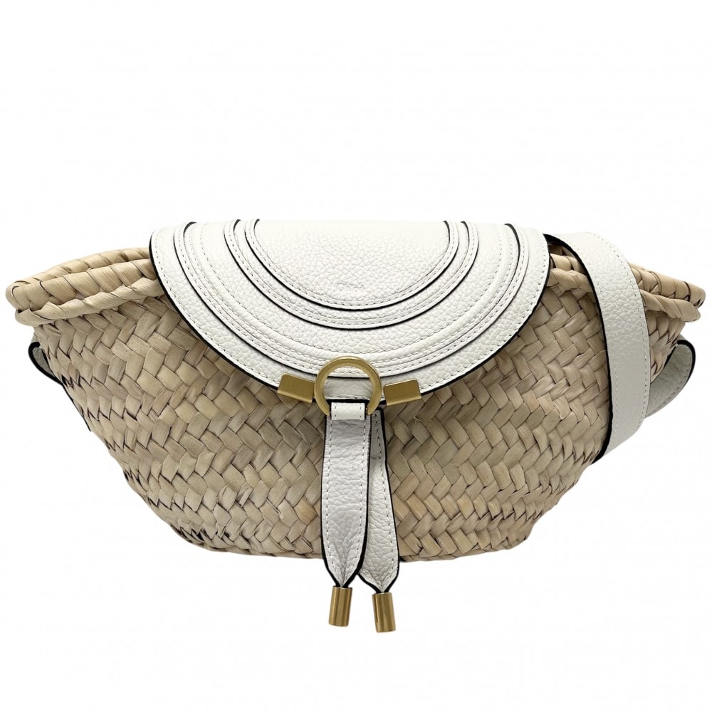 Chloe クロエ ショルダーバッグ マーシー バスケット かごバッグ 斜め掛け ラフィア  レザー   ベージュ ホワイト 白 ゴールド金具 レディース 春 夏 美品【中古品】