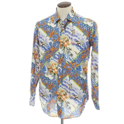 【中古】エトロ ETRO コットンシルク ミックス柄 プリント レギュラーカラー カジュアルシャツ ブルー系【サイズL】【メンズ】