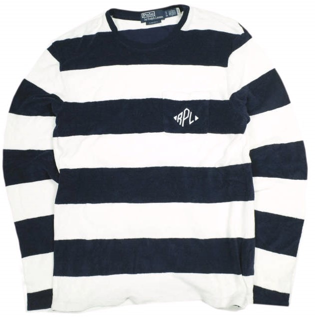 POLO RALPH LAUREN ポロ・ラルフローレン ワイドボーダーパイルロングスリーブポケットTシャツ S XS NAVY/WHITE 長袖 ロゴ刺繍 テリー ストライプド トップス g23832