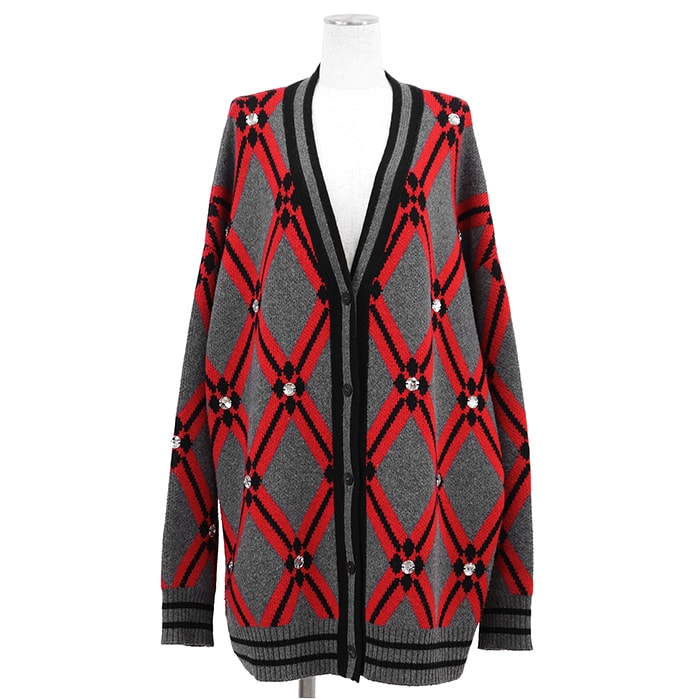 Miu Miu ミュウ ミュウ ニット カーディガン サイズ 44 レディース 2018年製 バージンウール100% ジャガード ミドルゲージ アーガイル ラインストーン 長袖 トップス グレー レッド 灰色 赤 イタリア製