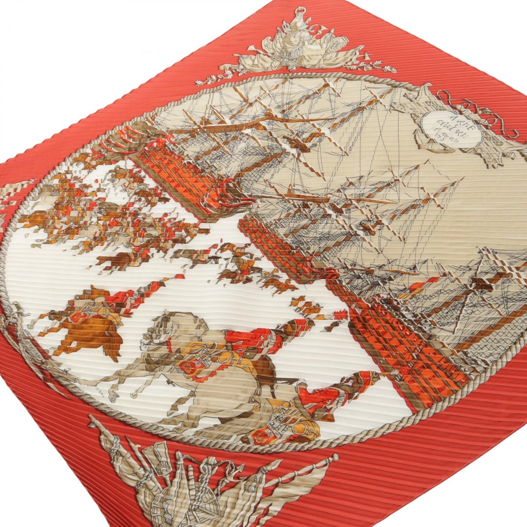エルメス HERMES カレプリセ MARINE ET CAVALERIE プリーツ スカーフ 衣料品 シルク シルク ベージュ レディース レッド系 / ベージュ系 【中古】
