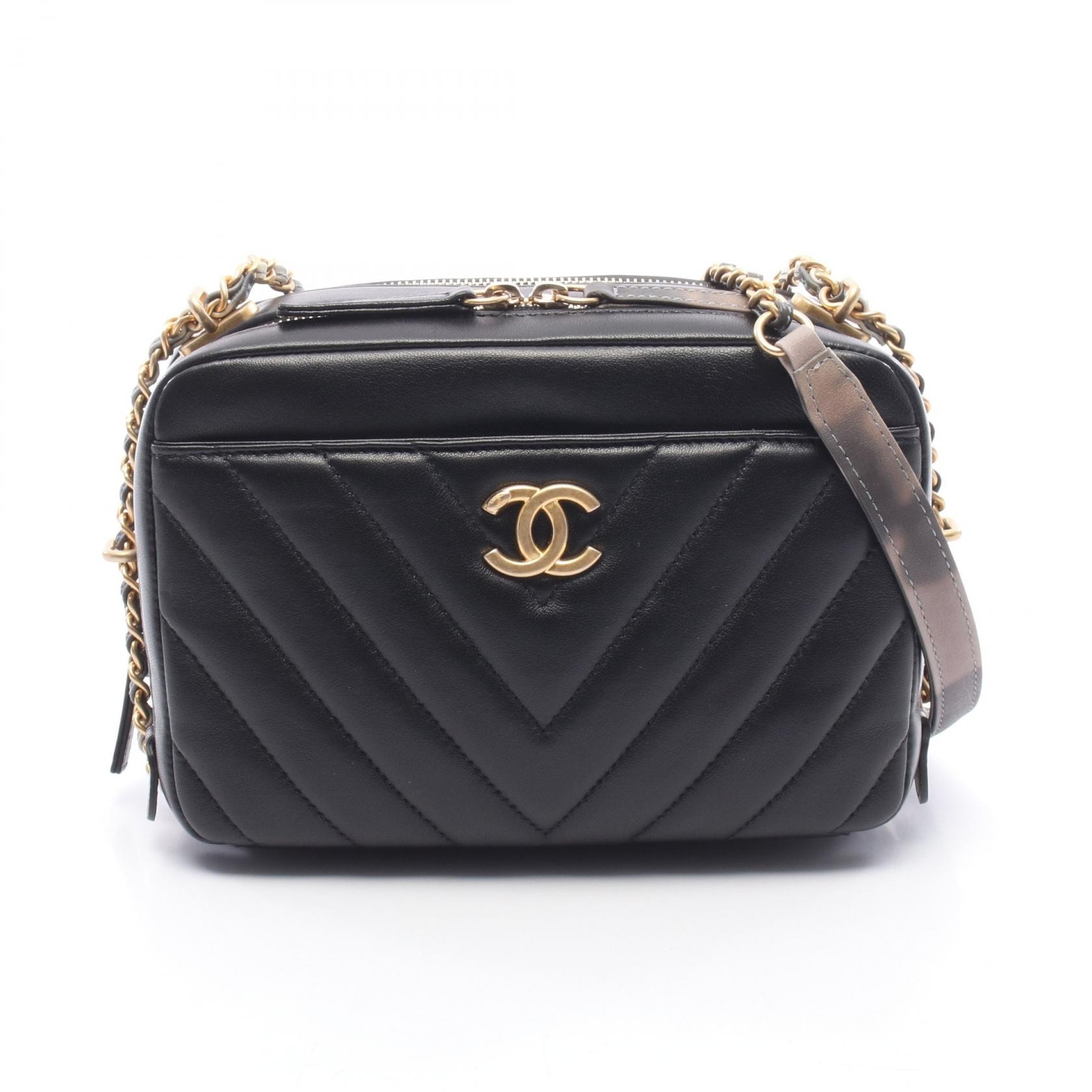 シャネル CHANEL シェブロン Vステッチ スモール ショルダーバッグ バッグ ラムスキン(羊革) レディース ブラック系 【中古】