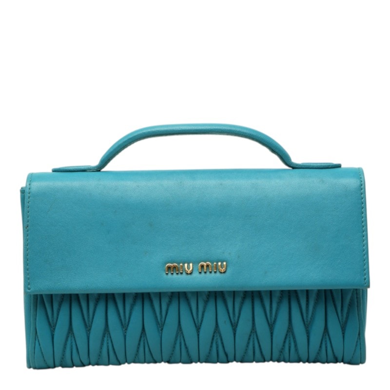 ミュウミュウ マテラッセ ハンドル付き ウォレットバッグ 5M1368 ターコイズブルー レザー レディース MIUMIU 中古