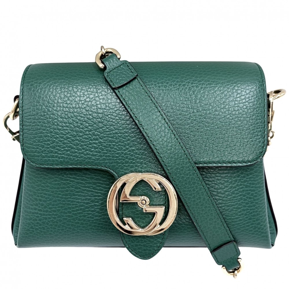 GUCCI グッチ ショルダーバッグ インターロッキングG チェーン 肩掛け 斜め掛け 607720 レザー    グリーン 緑 ゴールド金具 レディース【中古品】