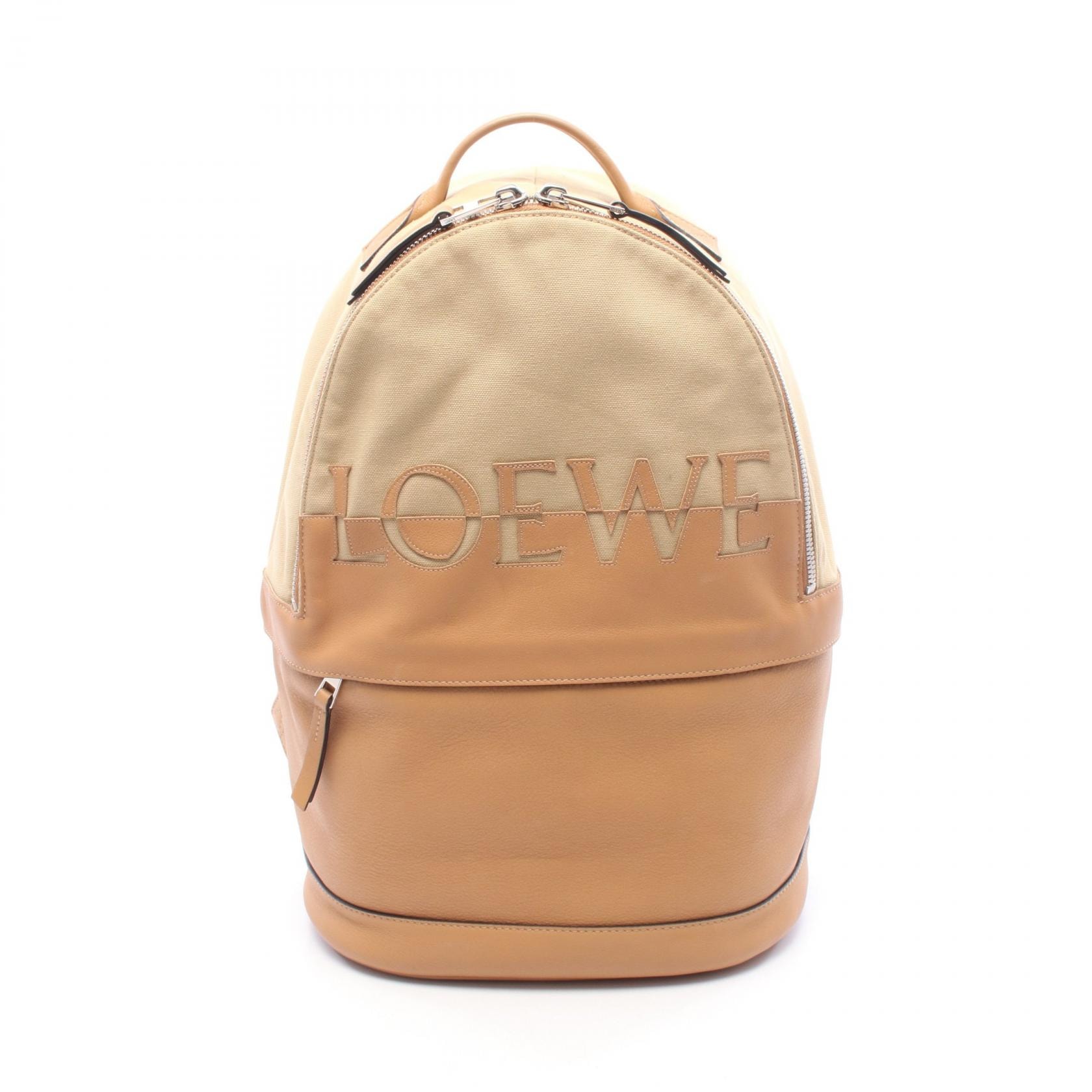 ロエベ LOEWE ラウンド リュックサック バックパック バッグ キャンバス レザー メンズ ベージュ系 / ブラウン系 B31427 【中古】