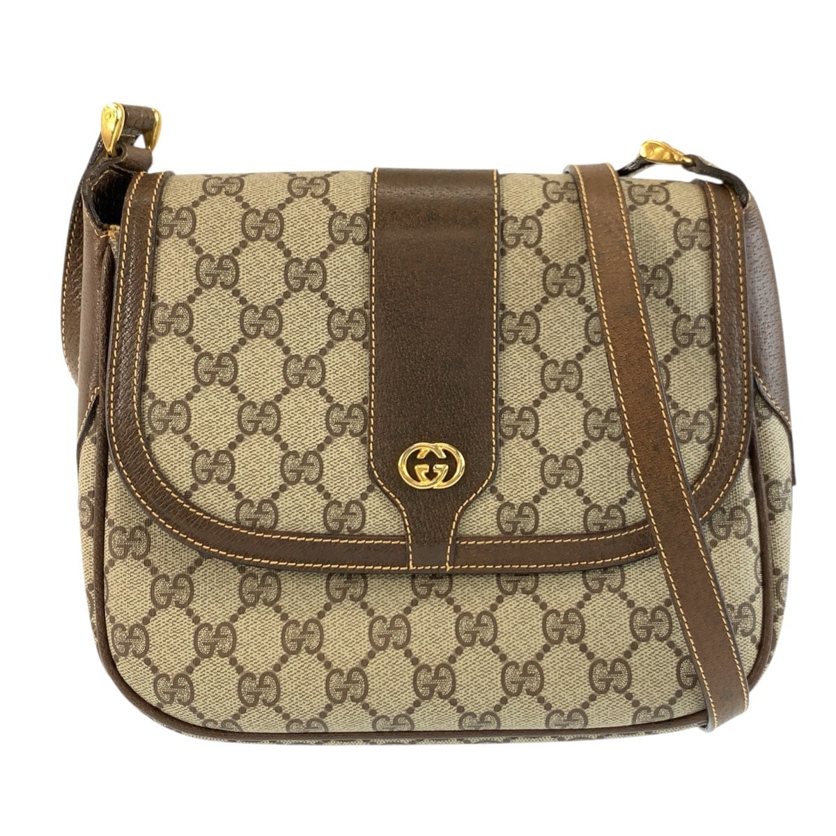GUCCI グッチ ヴィンテージ ベージュ ブラウン ゴールド金具 GGスプリームキャンバス レザー/ ショルダーバッグ ポシェット 603765 【中古】