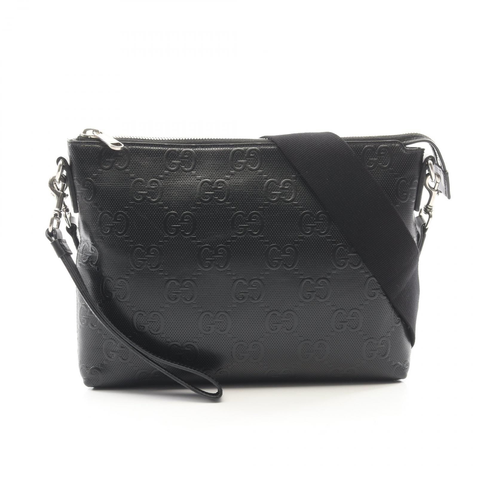 グッチ GUCCI GGエンボス ミディアム メッセンジャーバッグ ショルダーバッグ バッグ レザー メンズ ブラック系 696009 【中古】