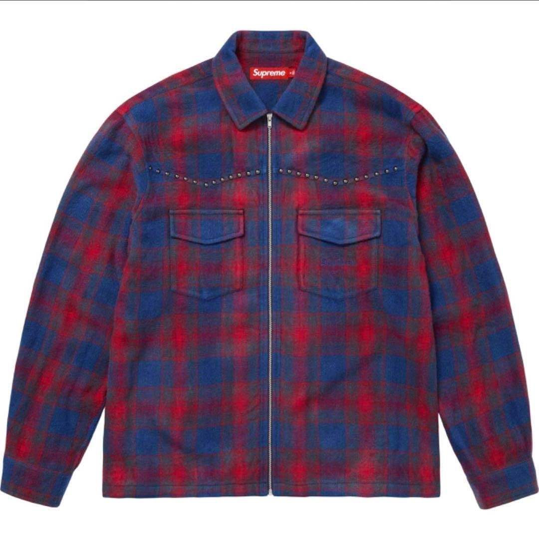 Supreme Studded Shadow Plaid Zip Up Shirt "Navy"