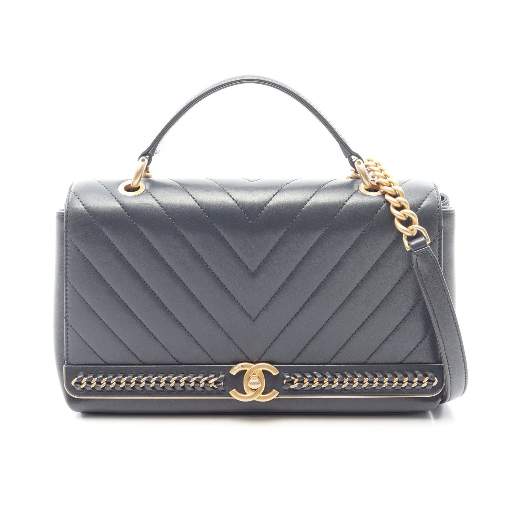 シャネル CHANEL トップハンドル Vステッチ 2WAY ショルダーバッグ バッグ ラムスキン(羊革) レディース ネイビー系 【中古】