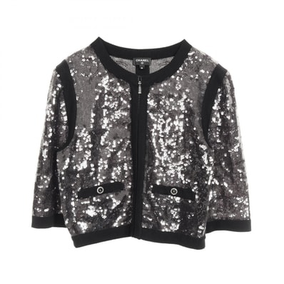 シャネル CHANEL ココマーク スパンコール ノーカラージャケット 衣料品 アウター ナイロン コットン レディース ブラック系 P72744 【中古】