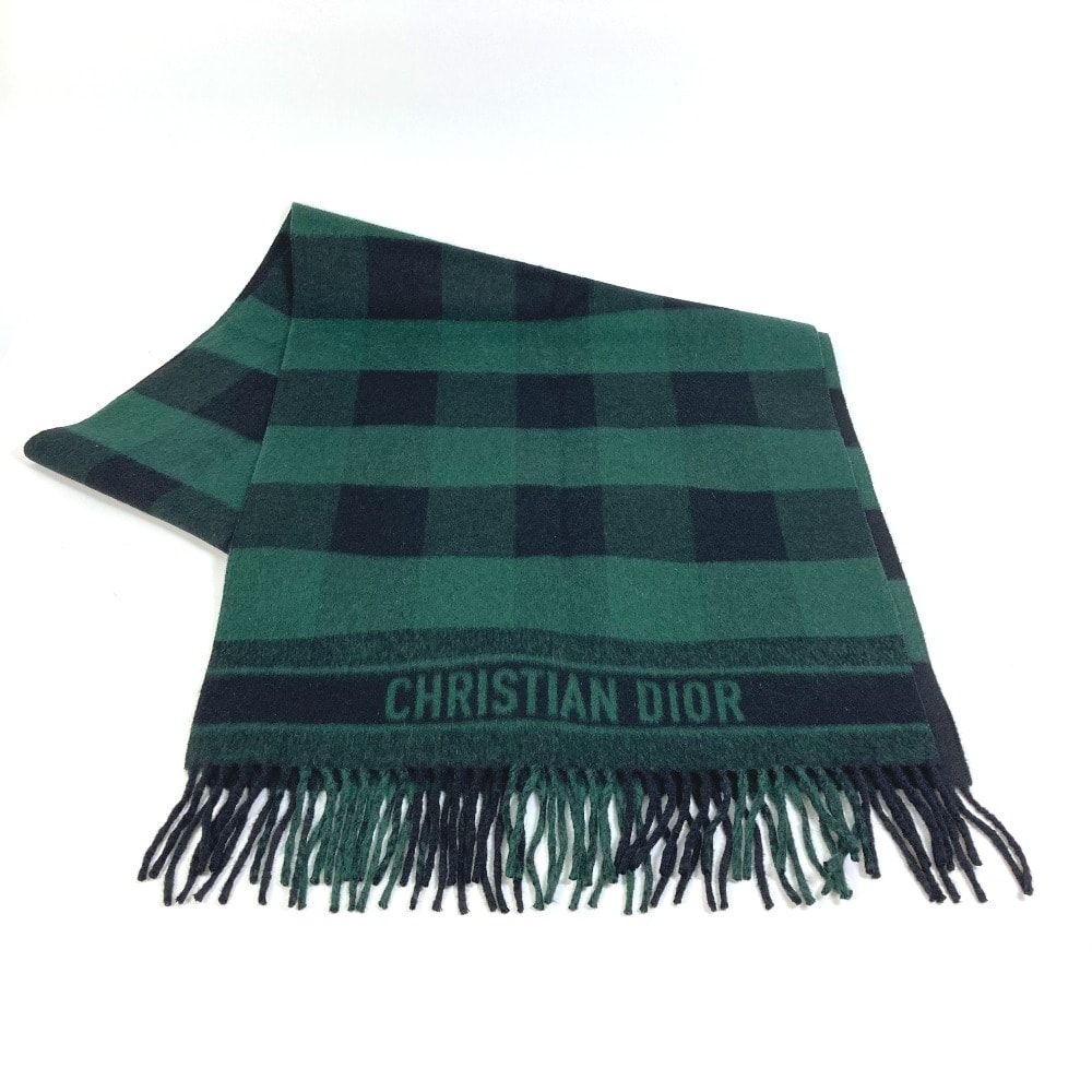 ディオール Dior チェック柄 95CHE200100 ロゴ フリンジ 大判ショール マフラー ウール グリーン 新品同様