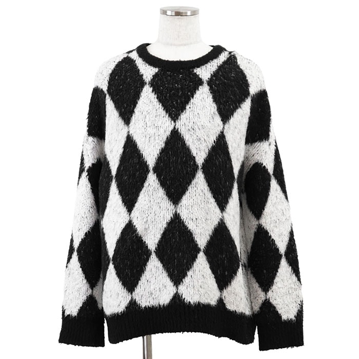 CELINE セリーヌ ニット サーフスタイル ボクシー インターシャ ダイヤ柄 モノトーン クルーネック ロングスリーブ 長袖 ビッグシルエット コットン / ナイロン トップス メンズ サイズ M ブラック ホワイト 黒 白 イタリア製