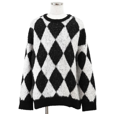 CELINE セリーヌ ニット サーフスタイル ボクシー インターシャ ダイヤ柄 モノトーン クルーネック ロングスリーブ 長袖 ビッグシルエット コットン / ナイロン トップス メンズ サイズ M ブラック ホワイト 黒 白 イタリア製