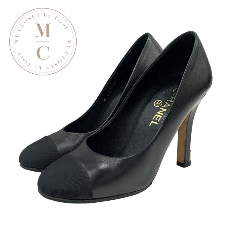 シャネル CHANEL パンプス 靴 シューズ レザー ファブリック ブラック 黒 ゴールド パール ココマーク