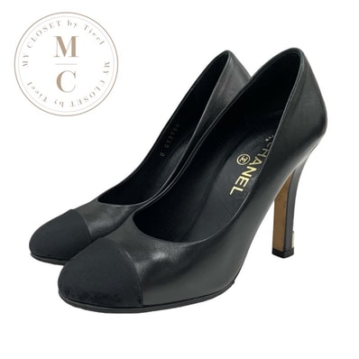 シャネル CHANEL パンプス 靴 シューズ レザー ファブリック ブラック 黒 ゴールド パール ココマーク