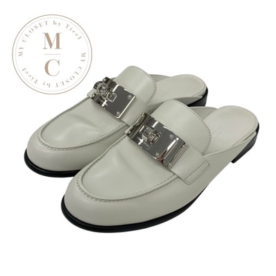 エルメス HERMES イオタ フラットシューズ 靴 シューズ レザー アイボリー シルバー ケリー金具 ミュール スリッパサンダル