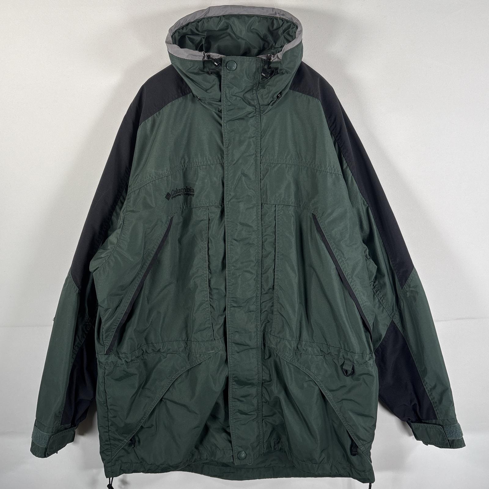 古着 コロンビア Columbia ナイロンジャケット ワンポイントロゴ刺繍 フルジップ マウンテンパーカー M グリーン系 ブラック メンズ