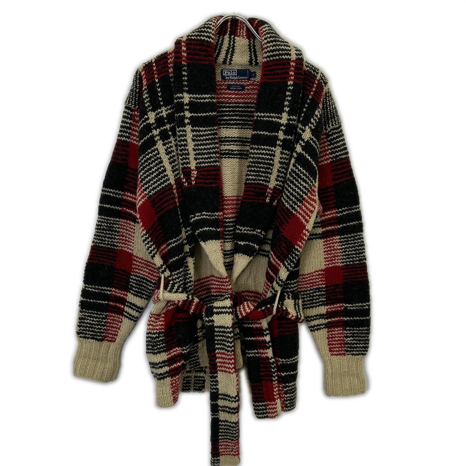 ポロ ラルフローレン ウール チェック柄 バンドニット カーディガン L