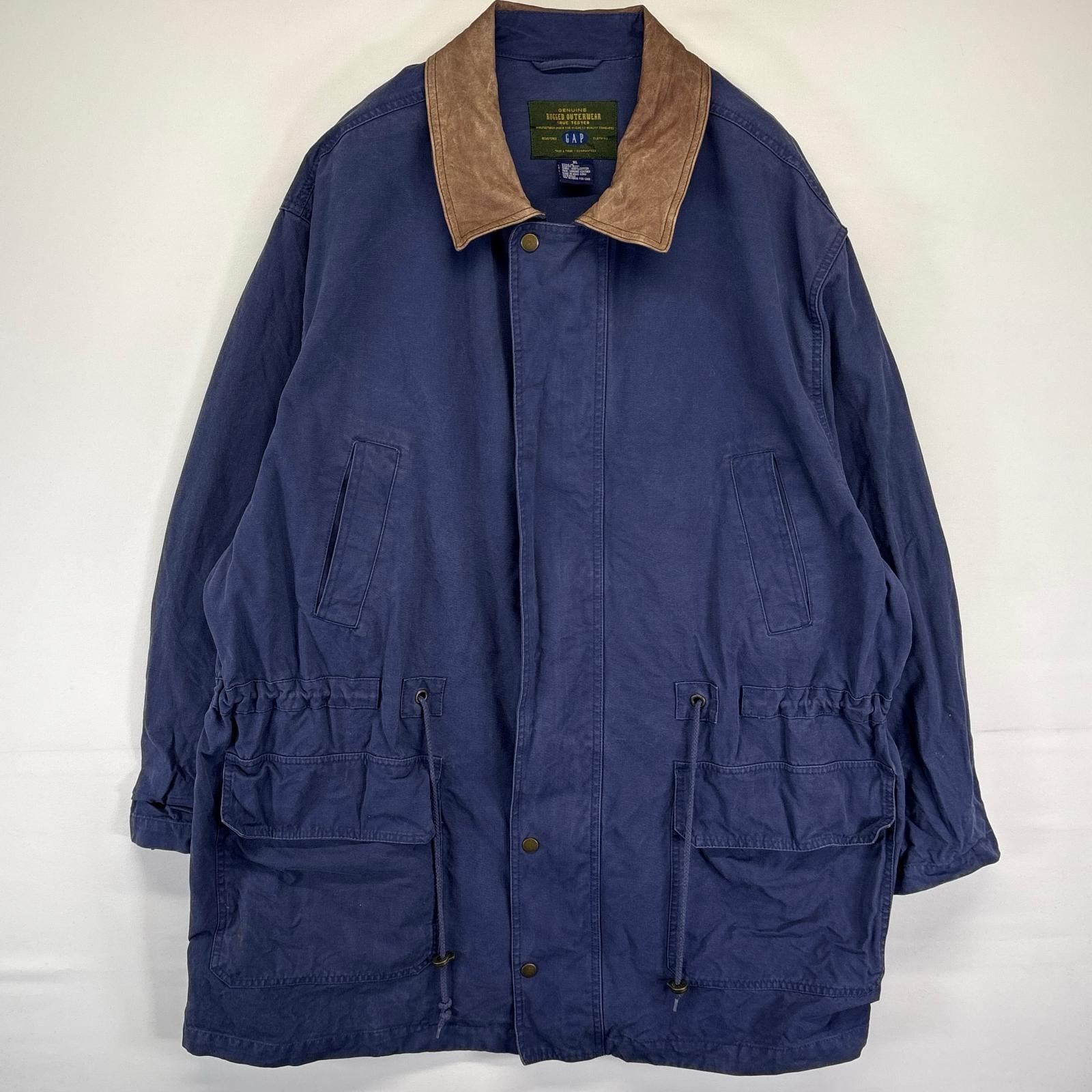 古着 ギャップ GAP ハンティングジャケット ダック カバーオール 大きいサイズ 襟レザー XL  ネイビー メンズ
