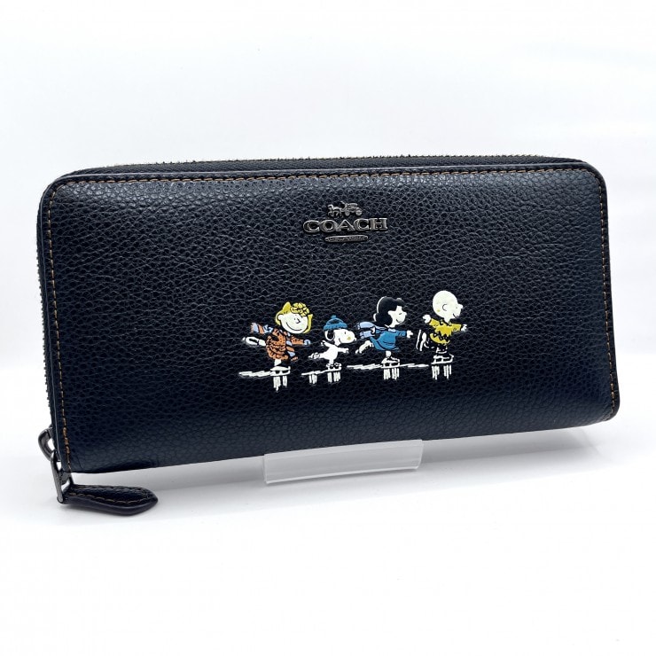 COACH(コーチ)PEANUTS コラボ ラウンドファスナー長財布 ブラック レザー スケートプリント F1777-16122B 【中古】