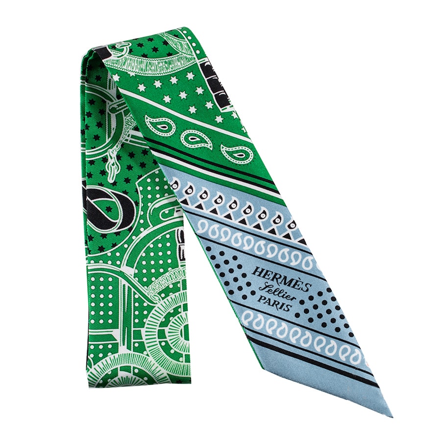 HERMES エルメス Eperon d'Or Bandana エプロン ドール バンダナ 062978S 07 ツイリー スカーフ  2024SS グリーン ブルー【中古】