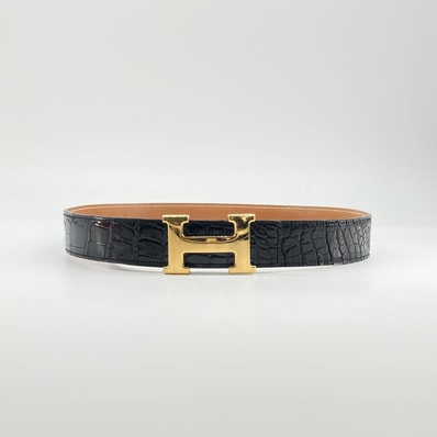HERMES(エルメス) コンスタンス クロコダイル ゴールドHバックル ベルト ブラック×ゴールド