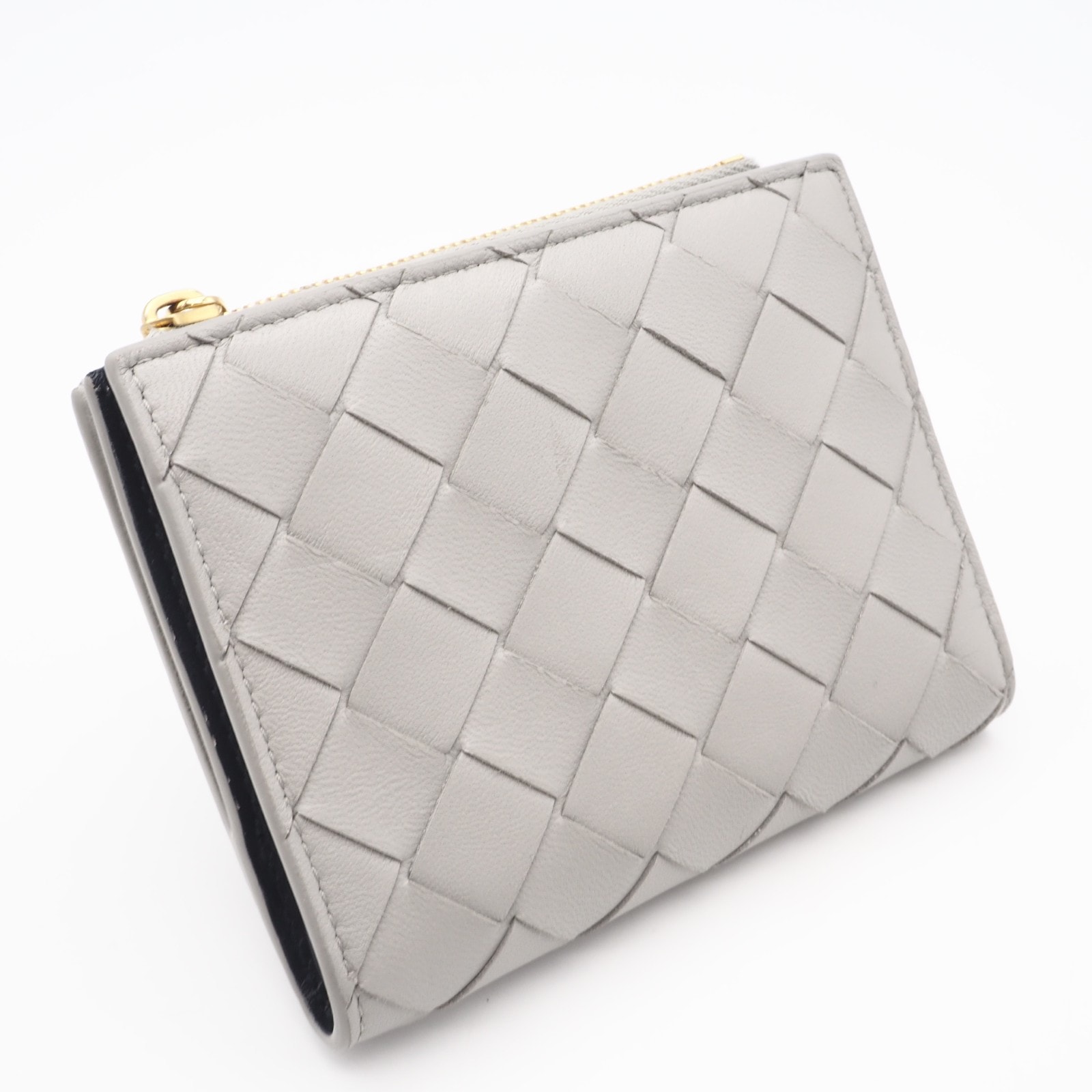 美品 BOTTEGAVENETA ボッテガヴェネタ イントレチャート中 レザー 二つ折り財布 749940 二つ折り財布 グレー ラムスキン メンズ