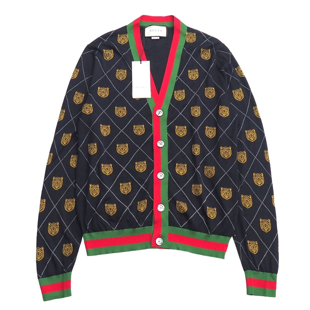 ■美品■GUCCI グッチ カーディガン サイズM タイガー シェリーライン ウェブリボン ニット イタリア製 ブランド古着【中古】20260120/RA7309