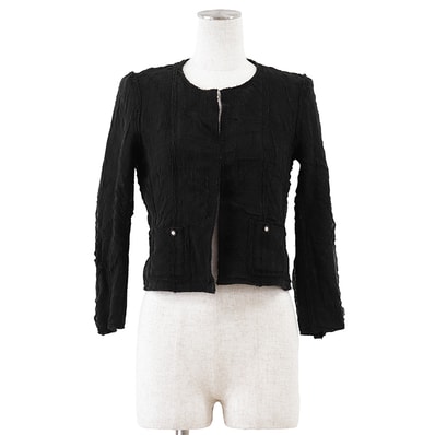 CHANEL シャネル ヴィンテージ ジャケット サイズ 40 レディース 03P P21321 COCOマーク ロゴ ボタン ノーカラー オープンフロント シルクナイロン アウター ブラック 黒 フランス製 カール・ラガーフェルド期