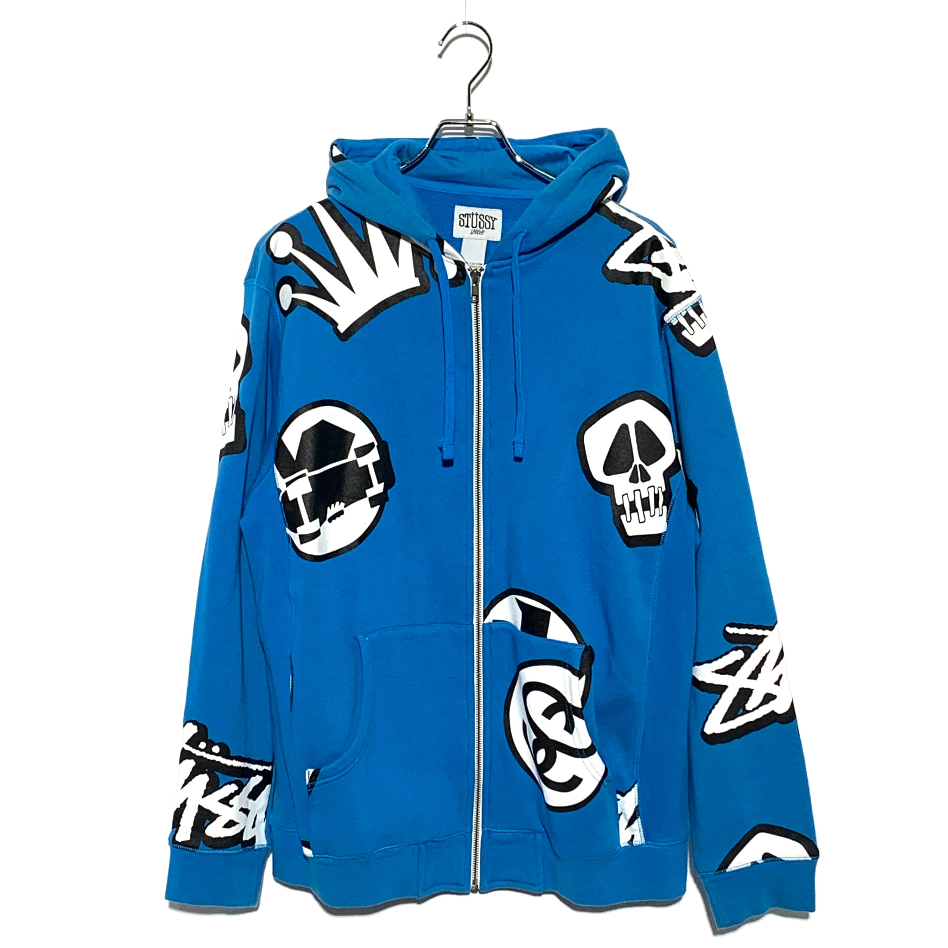 STUSSY All-over pattern zip-up hoodie Blue