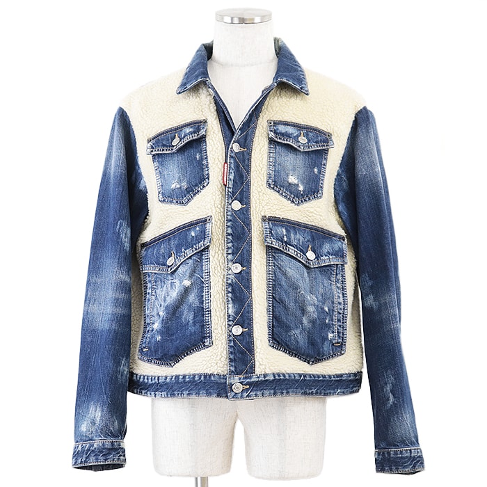 ディースクエアード デニム×ボア トラッカー Gジャン マウンテンロゴ グラデーション ダメージ加工イタリア製 ジャケット メンズ インディゴブルー アイボリー マルチカラー S DSQUARED2