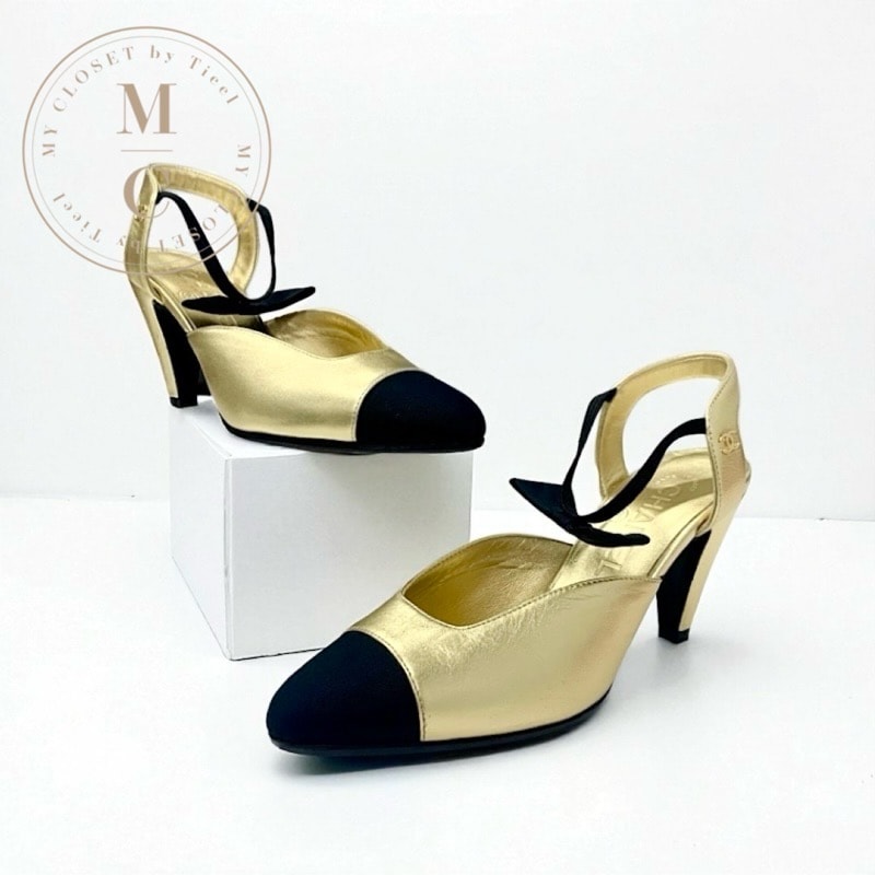 シャネル CHANEL パンプス 靴 シューズ レザー ゴールド ブラック リボン ココマーク ストラップ