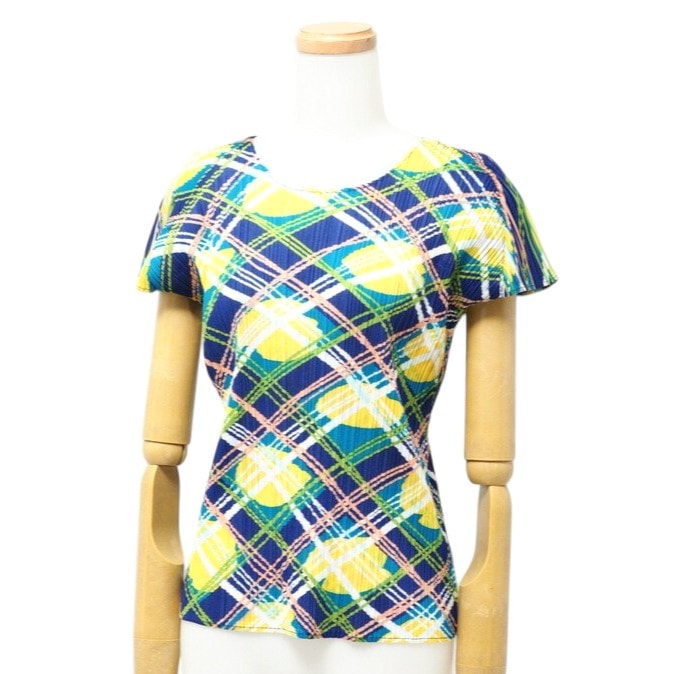 PLEATS PLEASE ISSEY MIYAKE プリーツプリーズ イッセイミヤケ カットソー サイズ3 プリーツ 半袖 フレンチスリーブ トップス チェック 総柄【最終値下げ】 ブランド古着【中古】20240229/GP4361