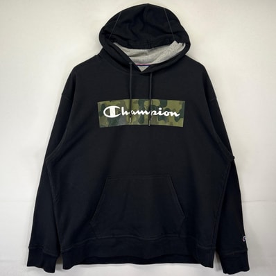 古着 チャンピオン Champion パーカー 大きいサイズ トレーナー ビックロゴプリント フーディー 2XL ブラック メンズ