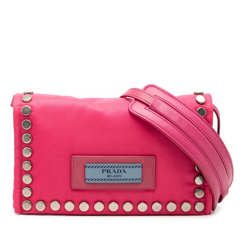 プラダ スタッズ 斜め掛け ショルダーバッグ ピンク ナイロン レザー レディース PRADA 【中古】