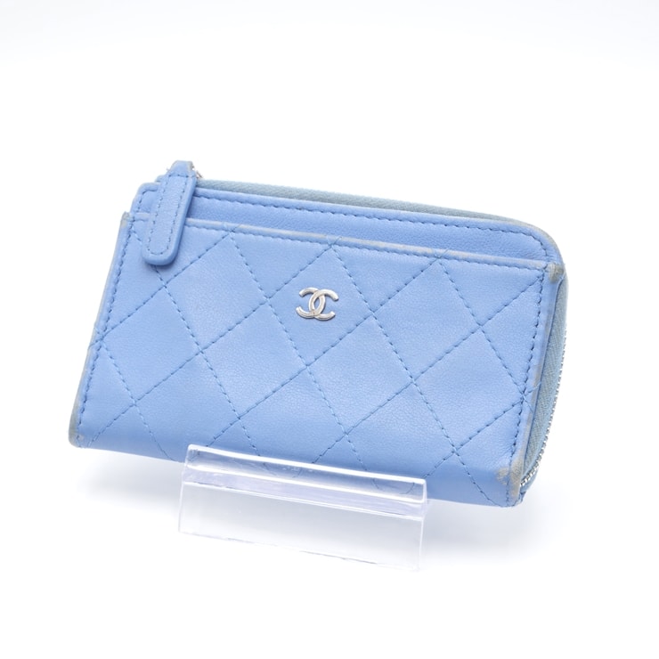 CHANEL(シャネル)マトラッセ ジップコインパース フラグメントケース カードケース コインケース ライトブルー レザー シルバー金具 レディース AP3179【中古】