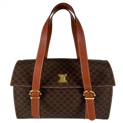 CELINE セリーヌ ハンドバッグ マカダム ロゴ金具 PVC カーフレザー ブラウン 茶 ゴールド金具 レディース 美品【中古品】