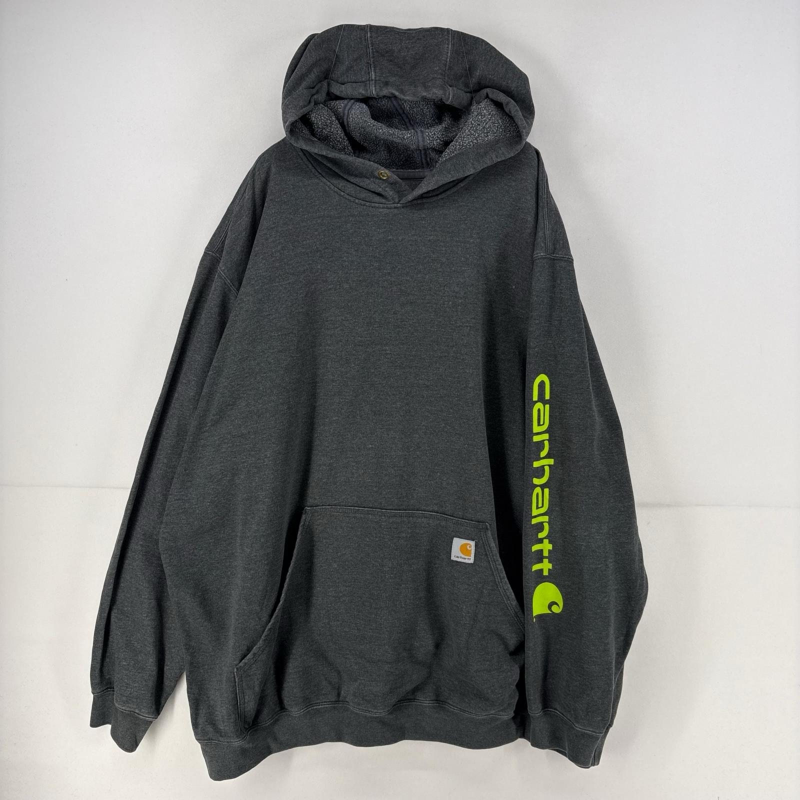 古着 カーハート Carhartt パーカー プルオーバー ロゴ ワンポイント 袖プリント スウェット 大きいサイズ  3XL  グレー メンズ